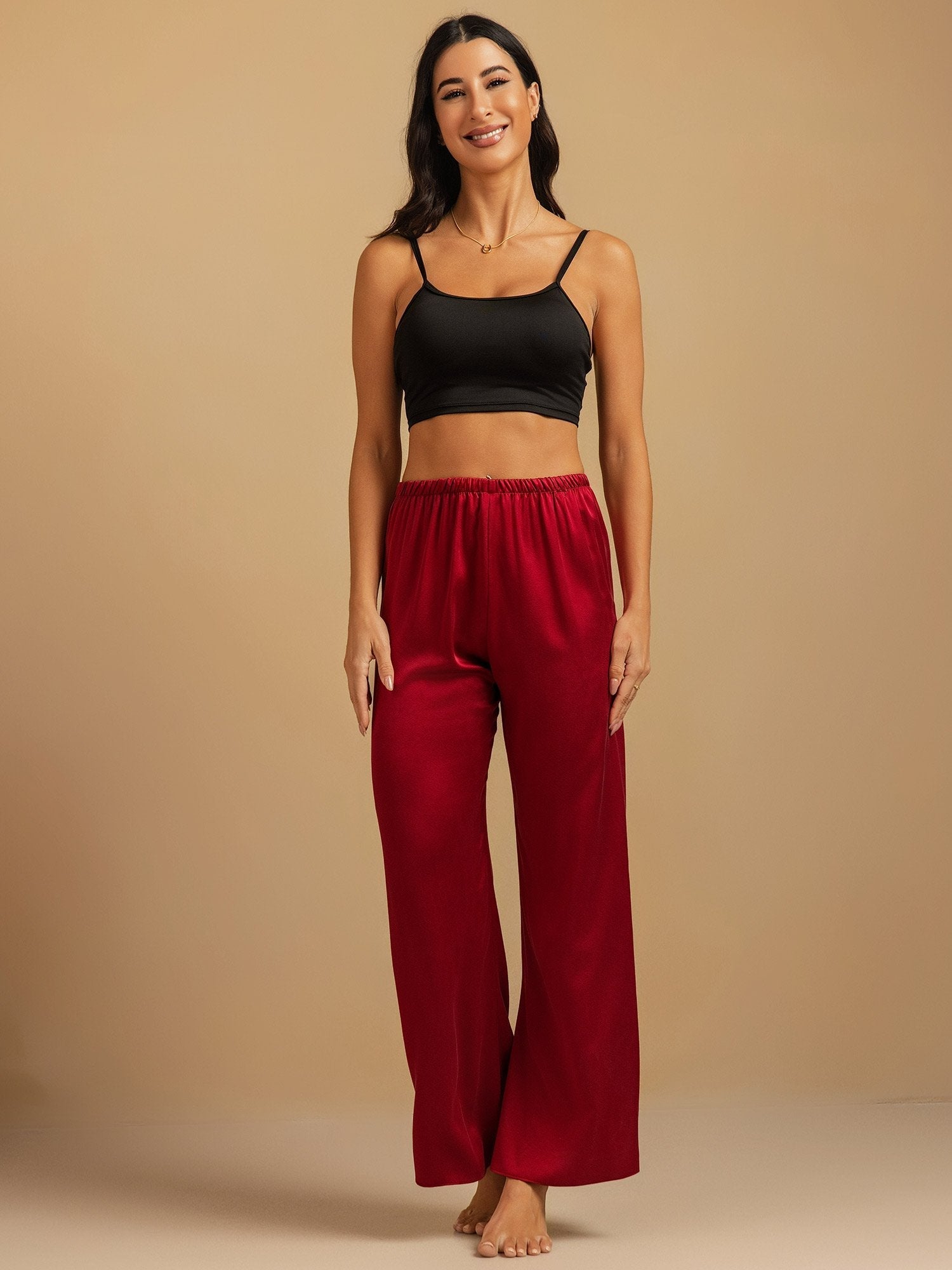 [Wine] SilkSilky-CA 19Momme Machine-Washable Silk Womens Sleep Bottoms 008