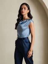 [Grayish Blue] SilkSilky-CA Cap Sleeve Cowl Neck Women's T-Shirt 004