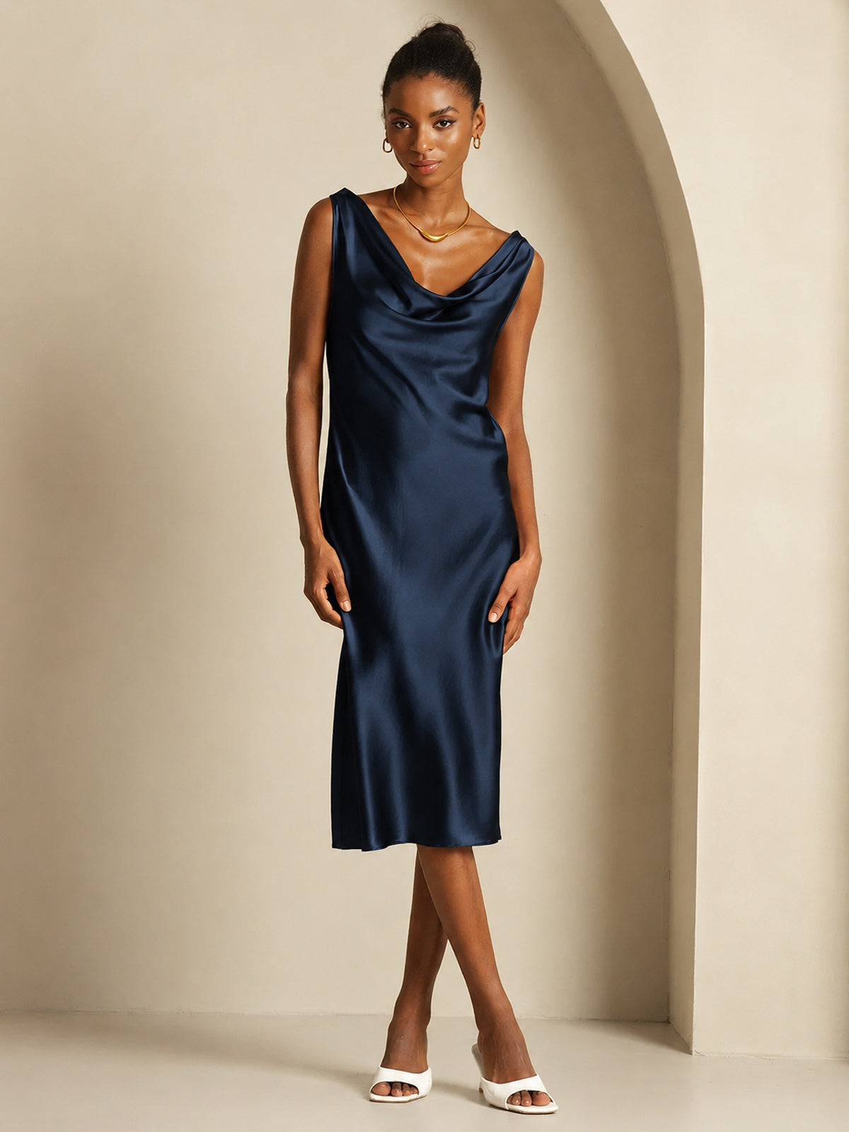 [Dark Blue] SilkSilky-CA Sleeveless Cowl Neck Dress 001