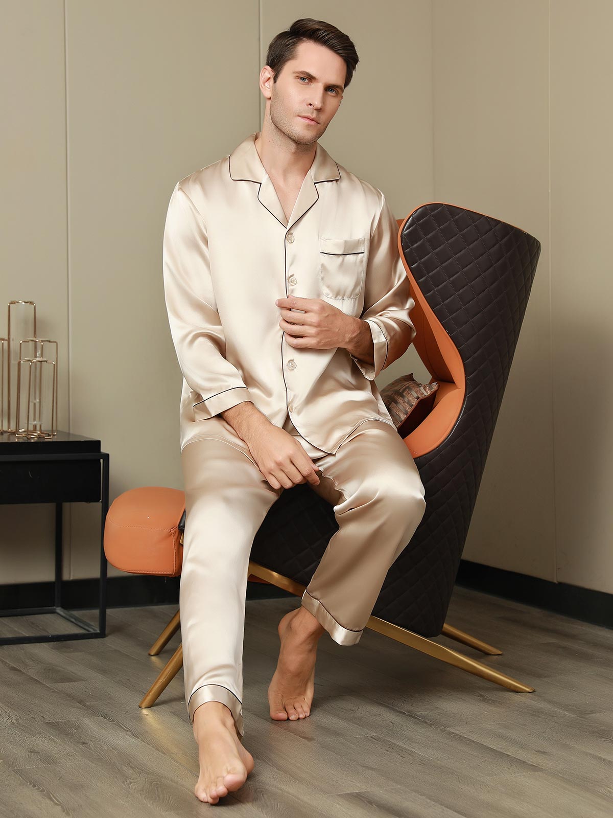 SilkSilky-CA Pure Silk Long Sleeve Lapel Men's Pajamas Tan 001