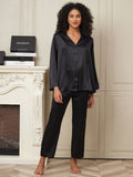 SilkSilky CA 22Momme Pure Silk Long Sleeve Womens Pajamas Black 001