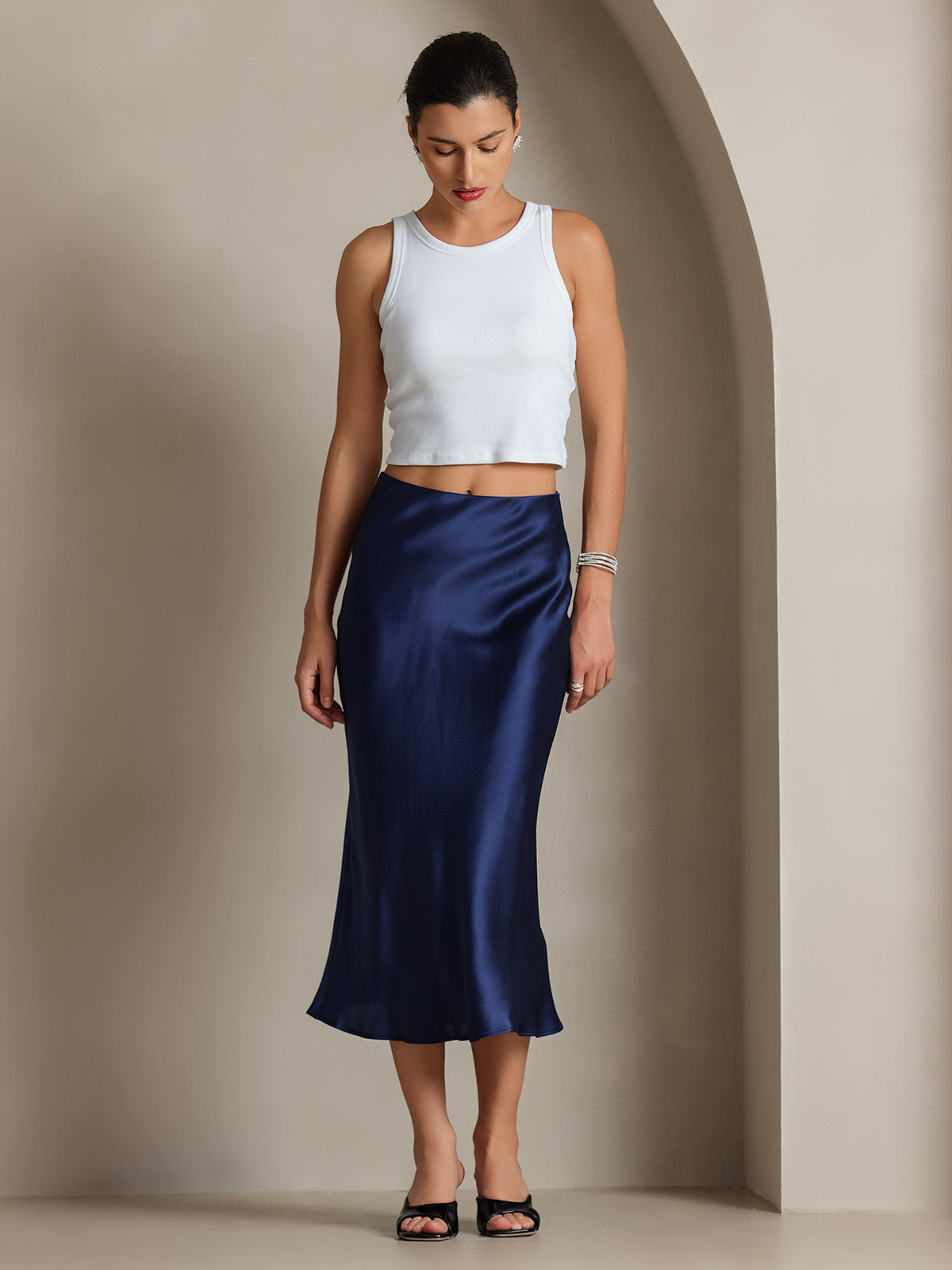 [Dark Blue] SilkSilky-CA 19Momme Pure Silk Skirt 005