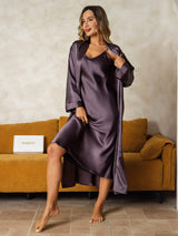 [Purple Gray] SilkSilky-CA Long Sleeve V Neck Nightgown&Robe Set 009
