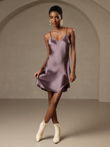 [Purple Gray] SilkSilky-CA Spaghetti Strap V Neck Dress 001