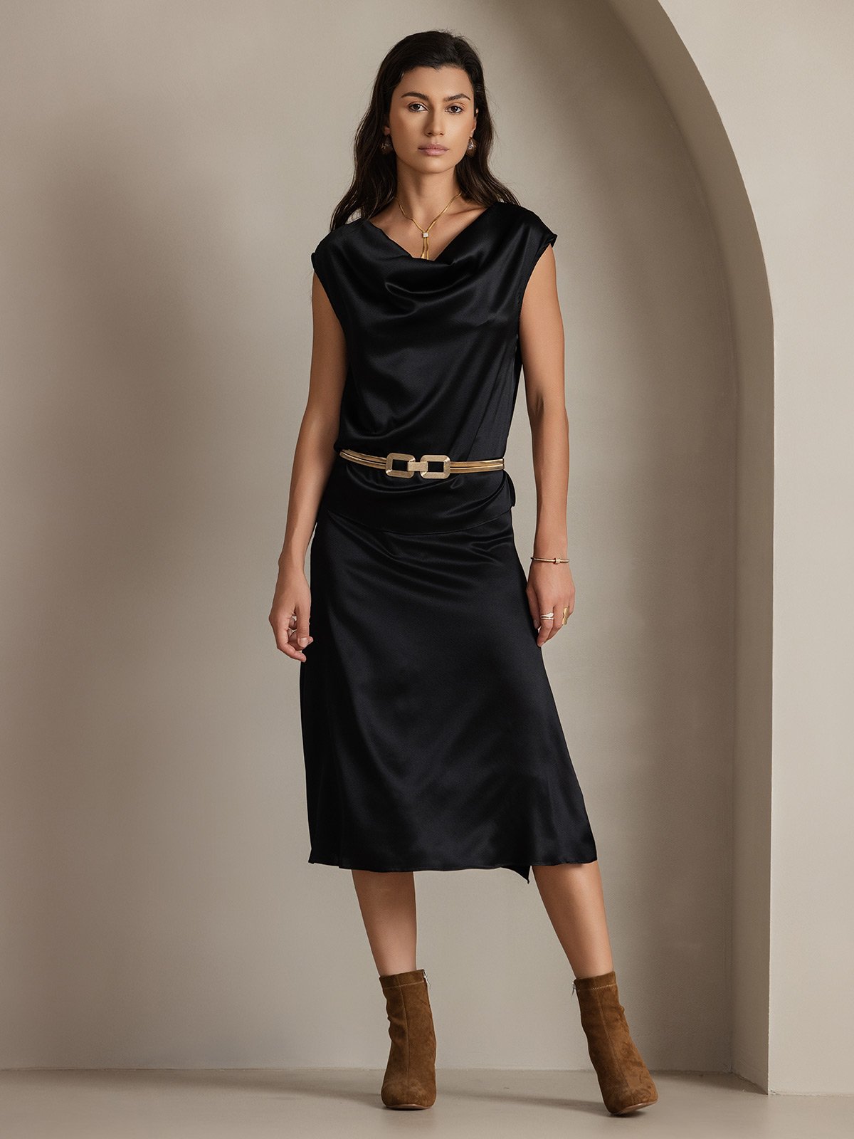 [Black] SilkSilky-CA 19Momme Silk Cap Sleeve Cowl Neck Women's T-Shirt 001