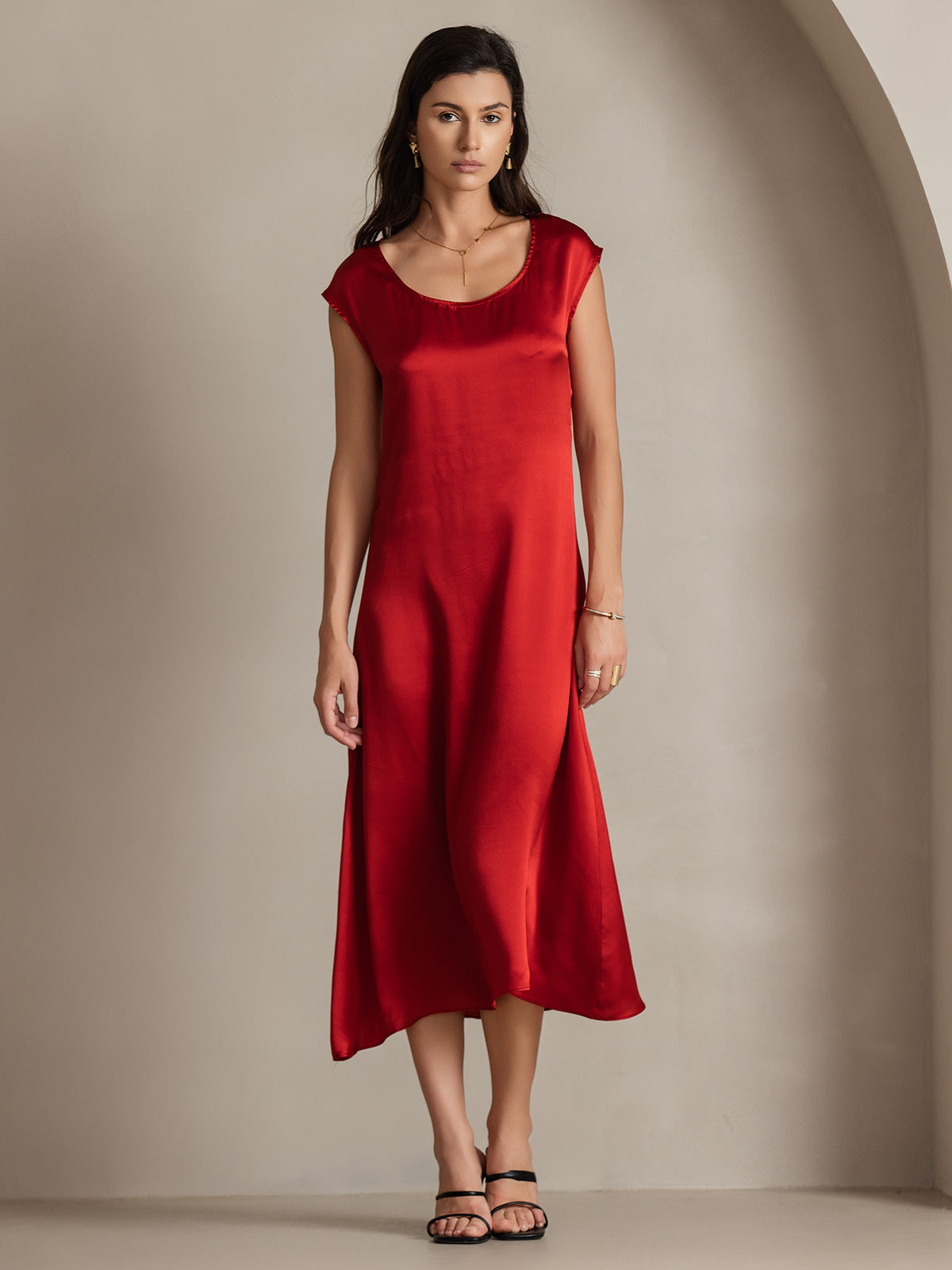 [Wine] SilkSilky-CA 19Momme Silk Round Neck Dress 003