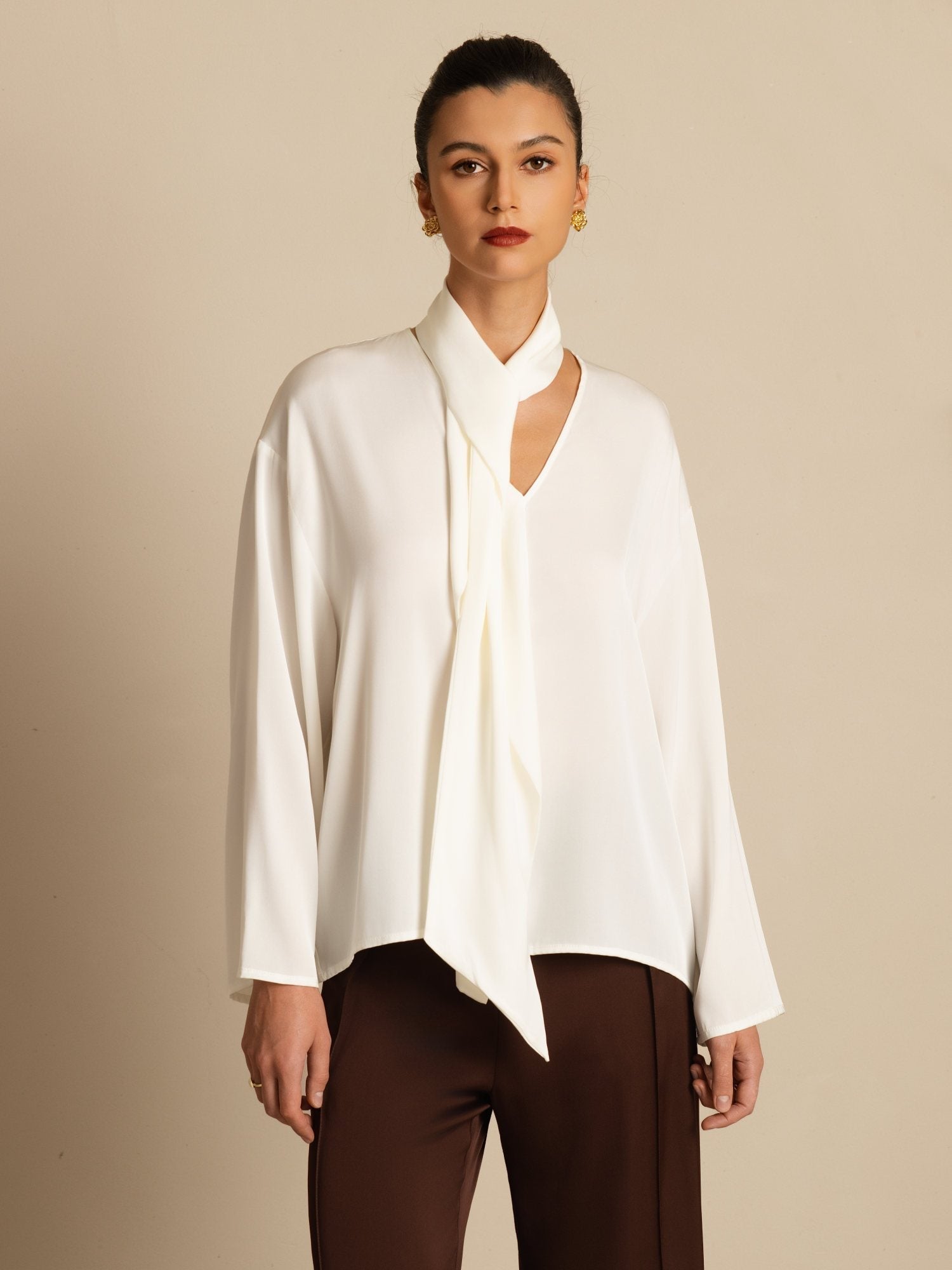 [White] SilkSilky-CA 19Momme Stretch Silk Double Georgette Long Sleeve V Neck Blouse 003