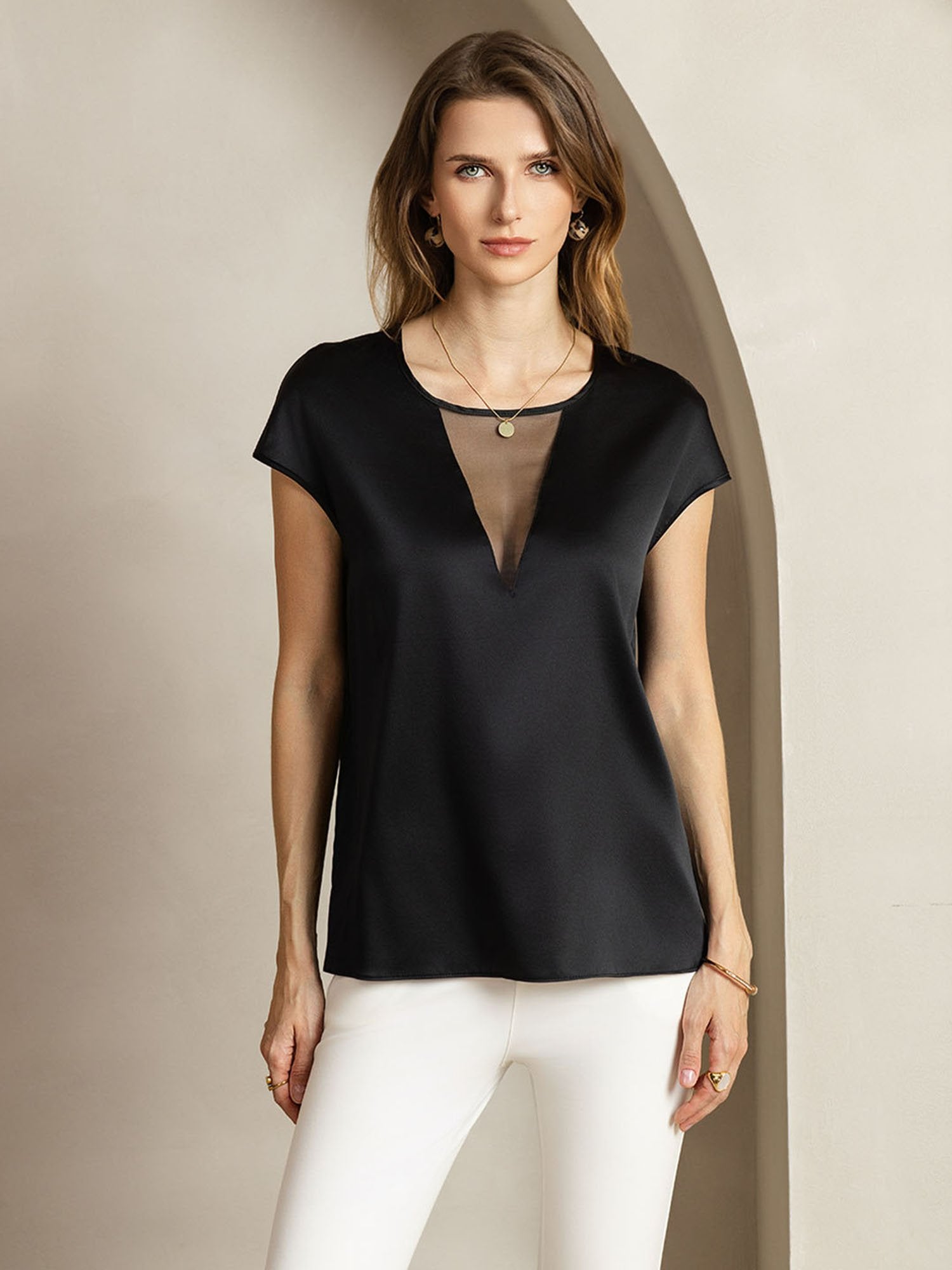 [Black] SilkSilky-CA 19Momme Silk Halter Neck Women's T-Shirt 001