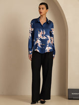 [Dark Blue] SilkSilky-CA Long Sleeve Lapel Collar Women's Shirt 008