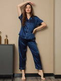 SilkSilky-CA Pure Silk Short Sleeve Lapel Women's Pajamas DarkBlue 004