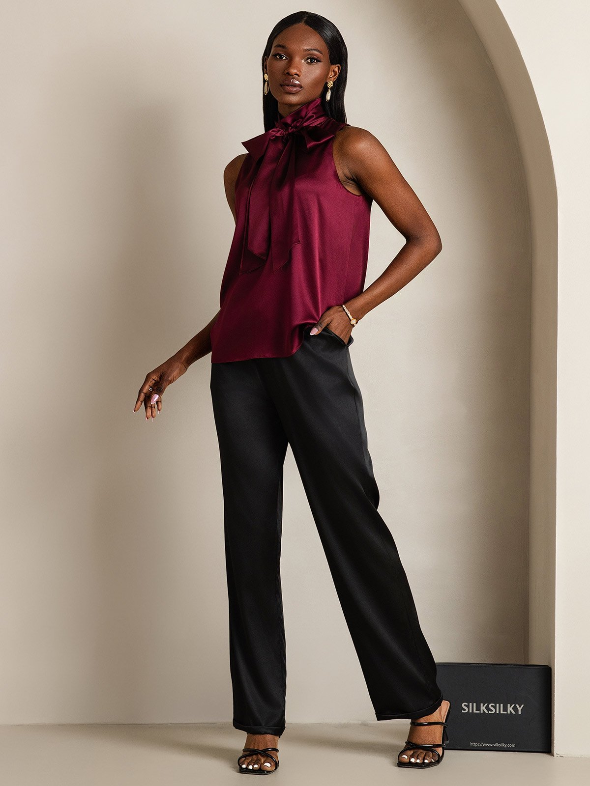 SilkSilky-CA 19Momme Silk Tie Neck Women's Shirt DarkRed 006