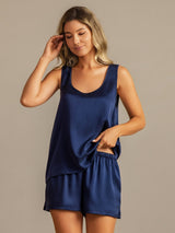 [Dark Blue] SilkSilky-CA 19Momme Machine-Washable Silk Sleeveless Scoop Neck Women's Pajamas 007