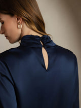[Dark Blue] SilkSilky-CA 19Momme Silk Keyhole Neck Women's Shirt 004