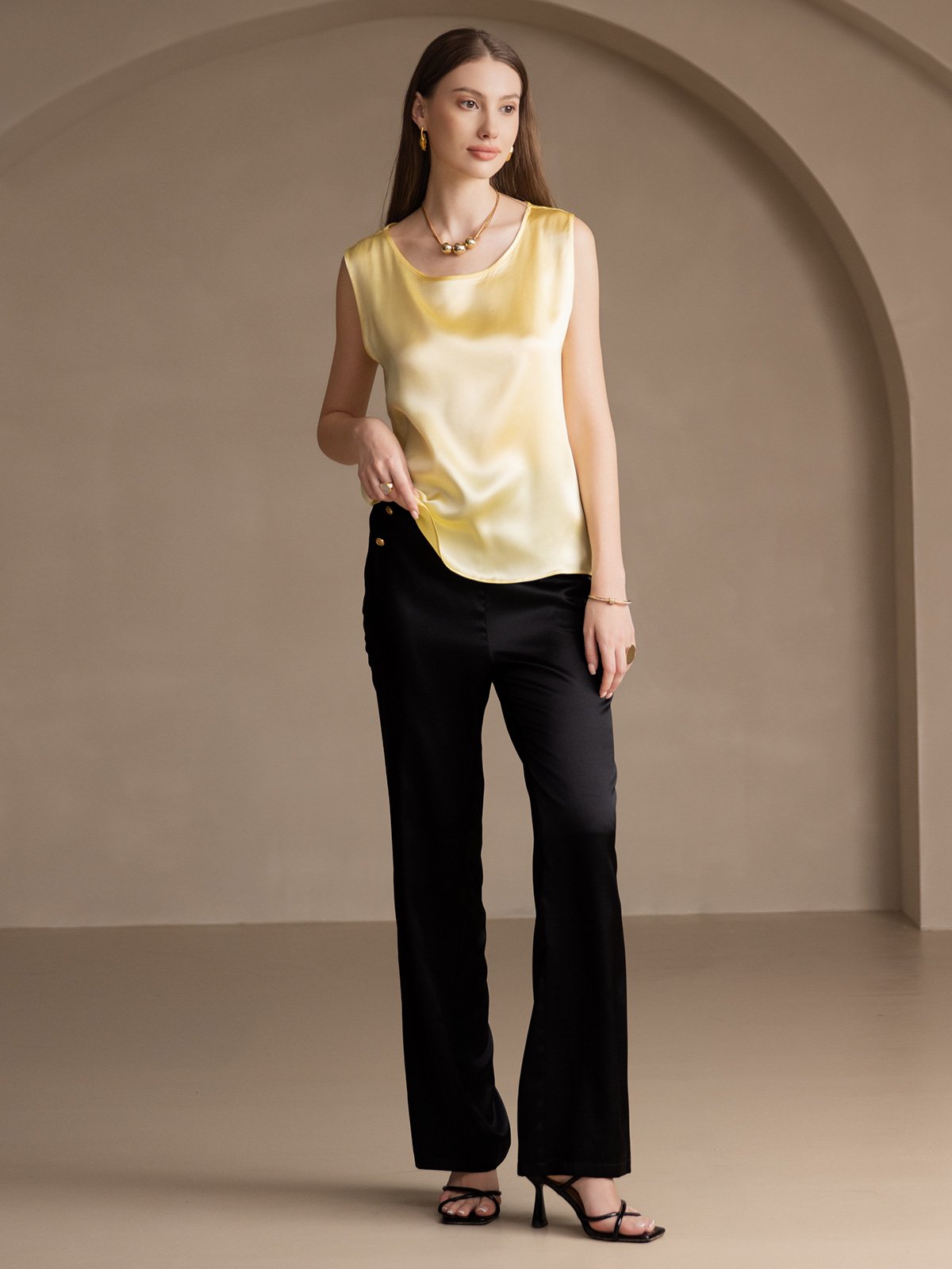 [Light Yellow] SilkSilky-CA 19Momme Silk Round Neck Camisole 006
