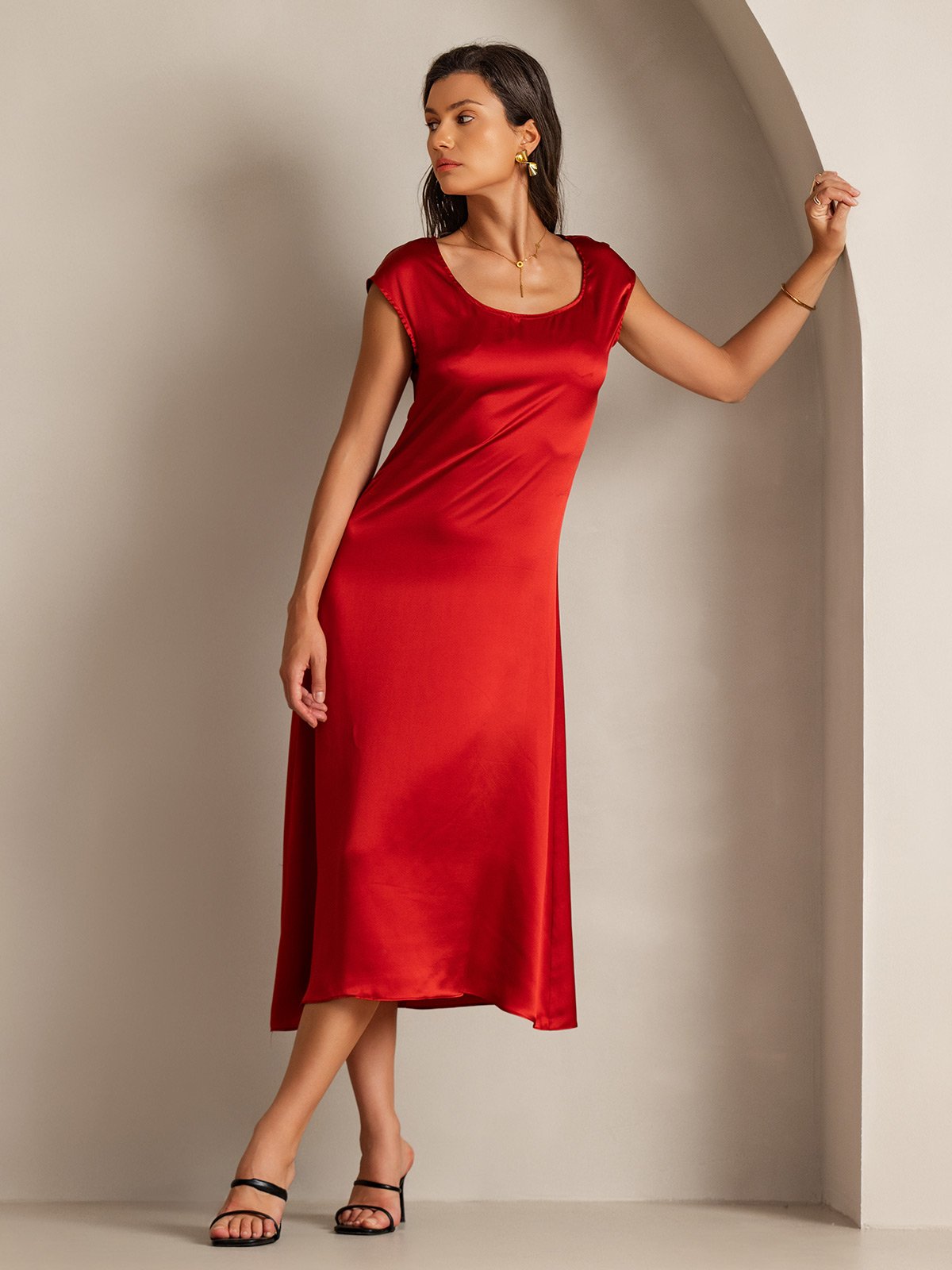 SilkSilky-CA 19Momme Silk Sleeveless Round Neck Dress Wine 001