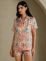 [Pink Fauna] SilkSilky-CA Short Sleeve Notch Collar Women's Pajamas 001