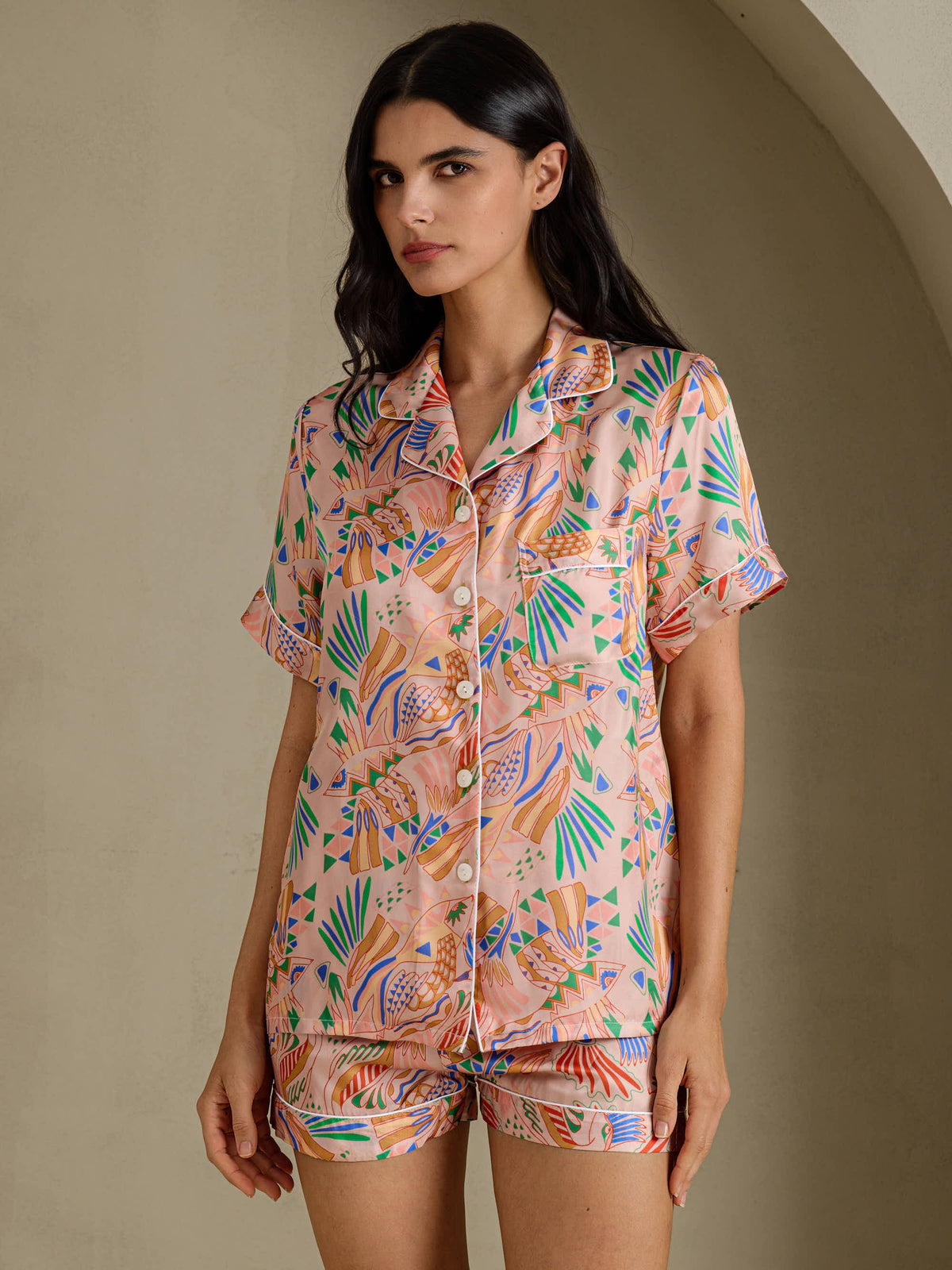 [Pink Fauna] SilkSilky-CA Short Sleeve Notch Collar Women's Pajamas 001