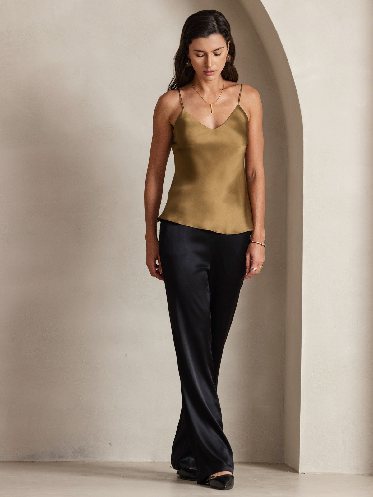 [Coffee] SilkSilky-CA Pure Silk V Neck Camisole 003