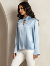 [Grayish Blue] SilkSilky-CA 19Momme Silk Keyhole Neck Women's Shirt 002