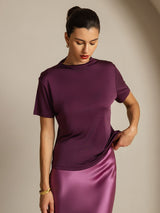 [Purple] SilkSilky-CA 100% Silk Jersey Short Sleeve Mock Neck Women's T-Shirt 006