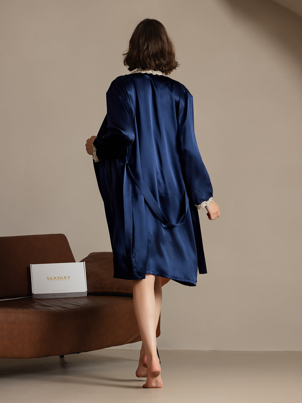 SilkSilky-CA Pure Silk Long Sleeve V Neck Nightgown&Robe Set DarkBlue 002