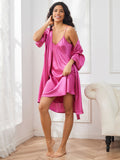 SilkSilky CA Pure Silk 3/4 Sleeve Nightgown&Robe Set RoseRed 004