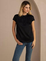 [Black] SilkSilky-CA Short Sleeve Split Women's Blouse 003
