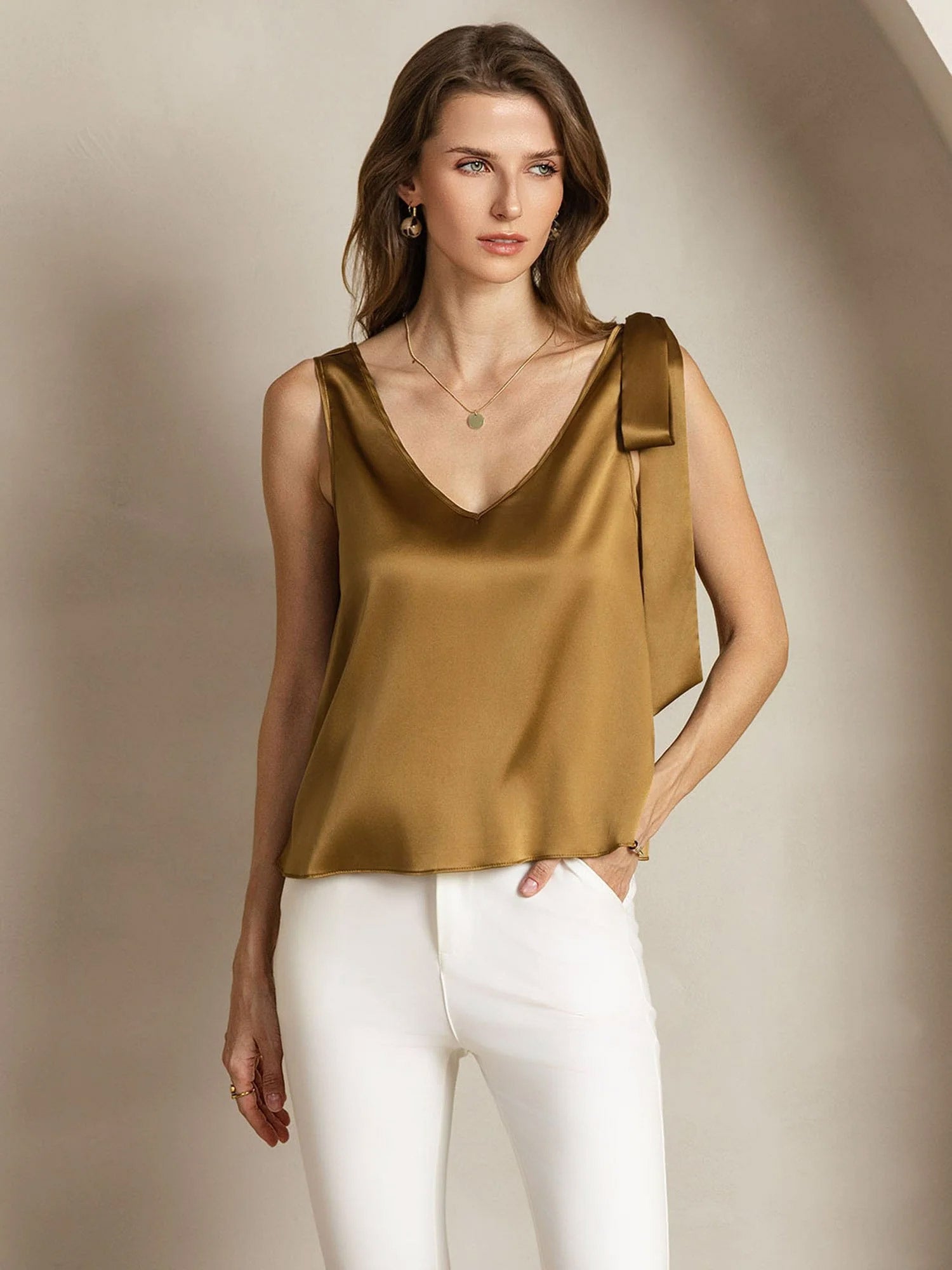 [Bronze] SilkSilky-CA 19Momme Silk V Neck Women's T-Shirt 006