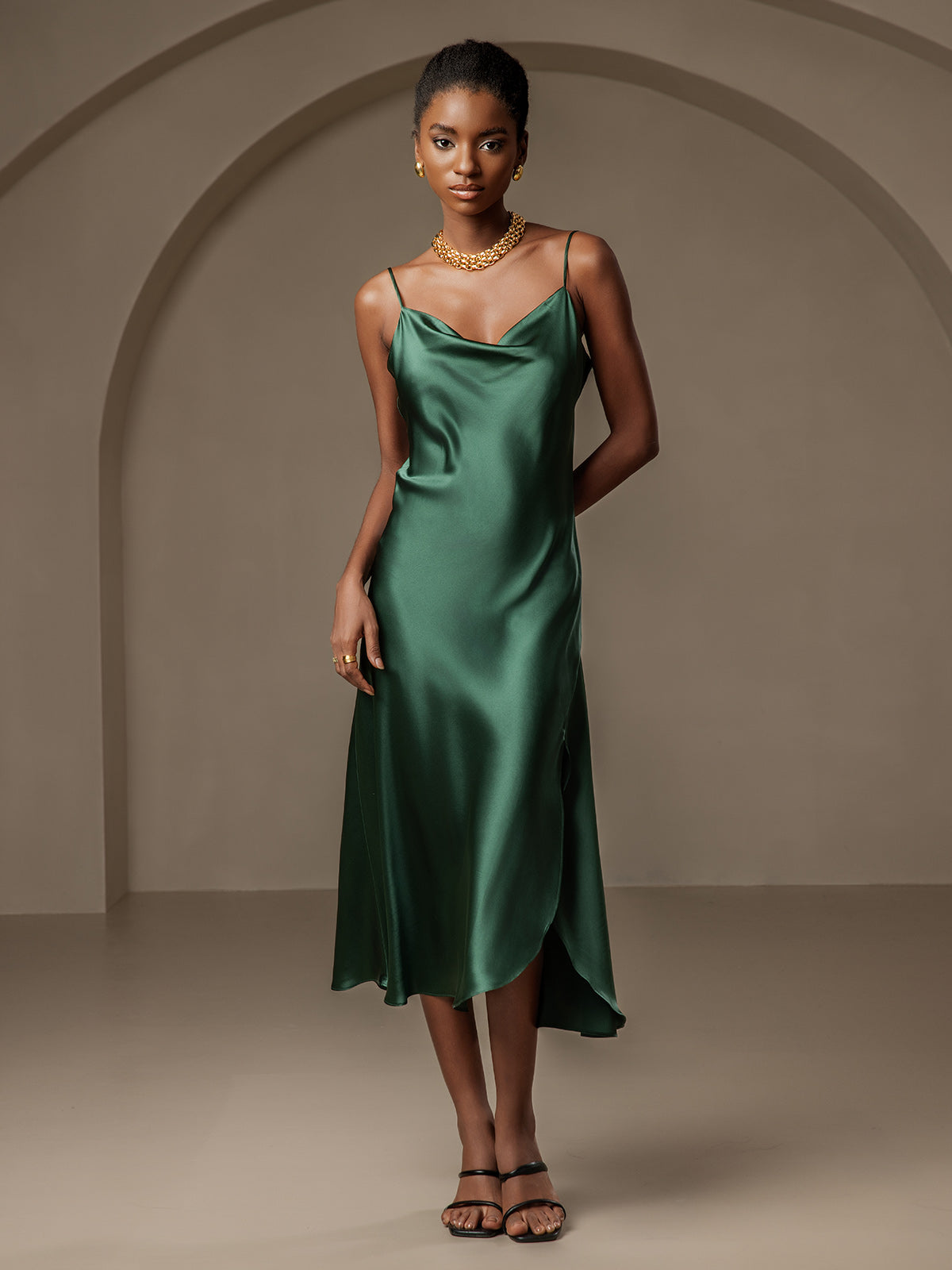 [Dark Green] SilkSilky-CA Spaghetti Strap Cowl Neck Dress 001