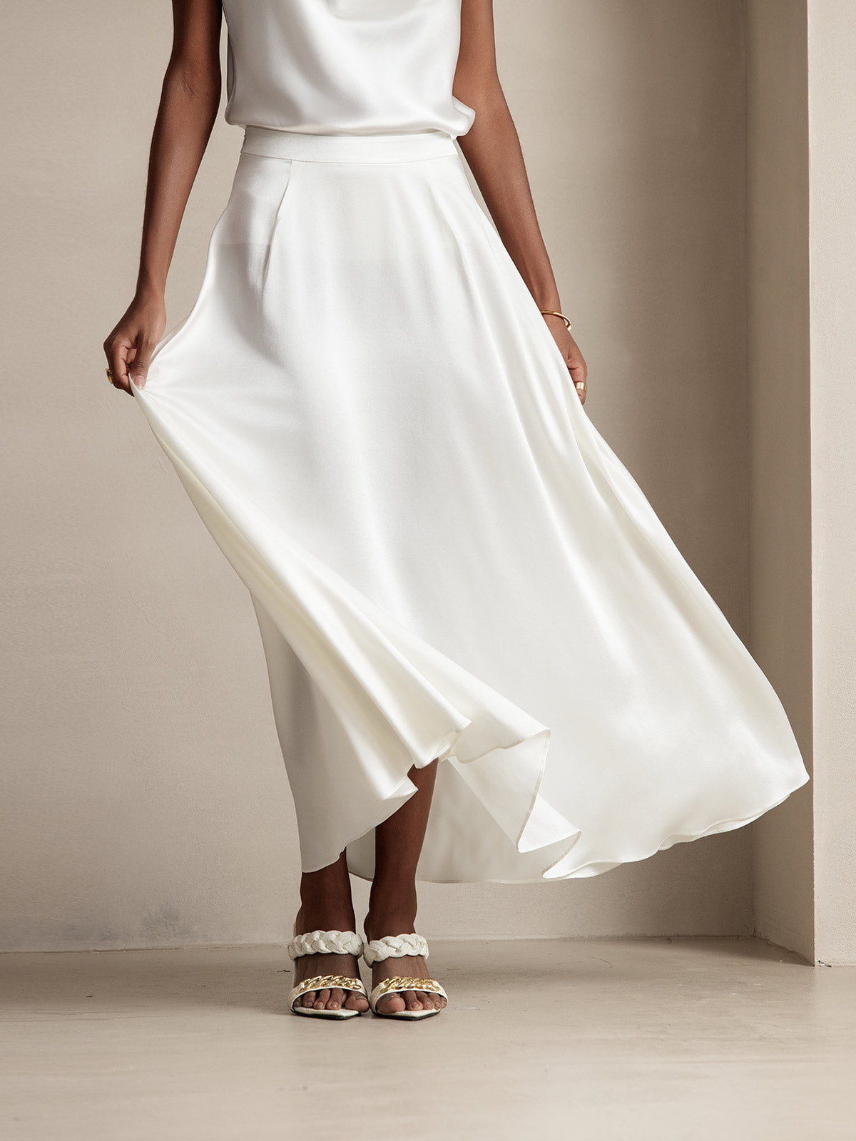 [White] SilkSilky-CA 19Momme Silk Skirt 003