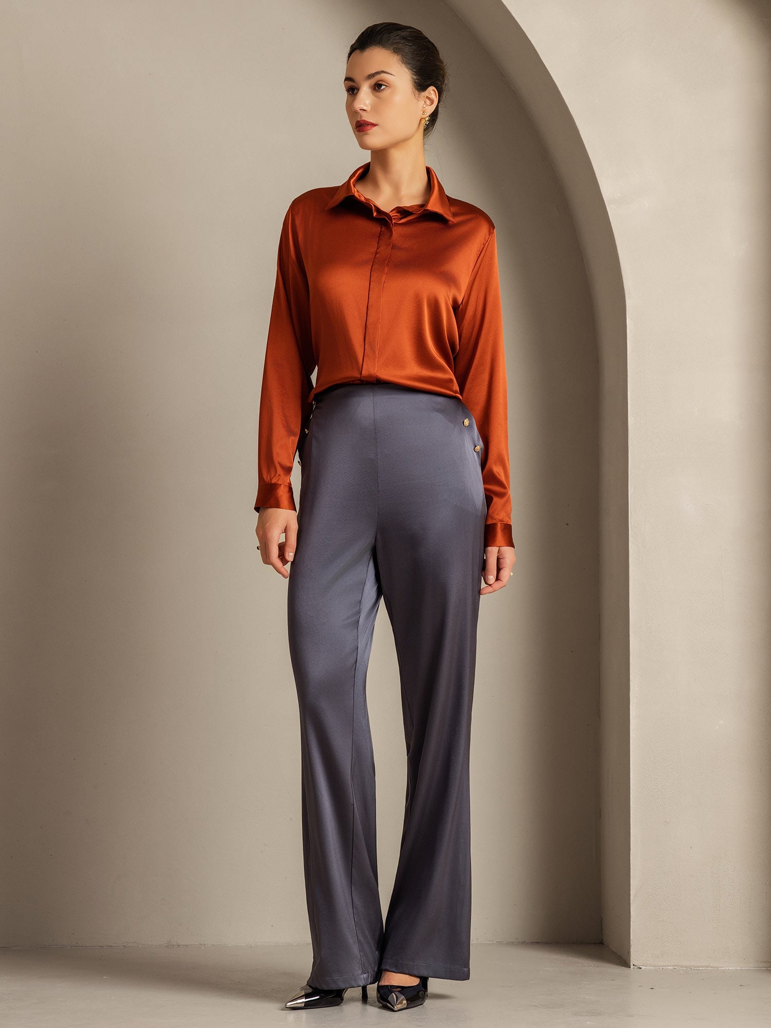 [Caramel] SilkSilky-CA 19Momme Silk Long Sleeve Lapel Collar Women's Shirt 009