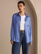 [Blue Pinstripe] SilkSilky-CA Long Sleeve Lapel Collar Women's Shirt 001