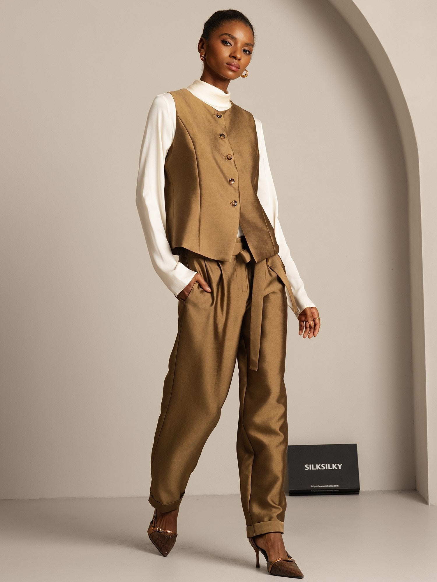 [Bronze] SilkSilky-CA 32Momme Silk-Wool Blend Womens Vest 007,