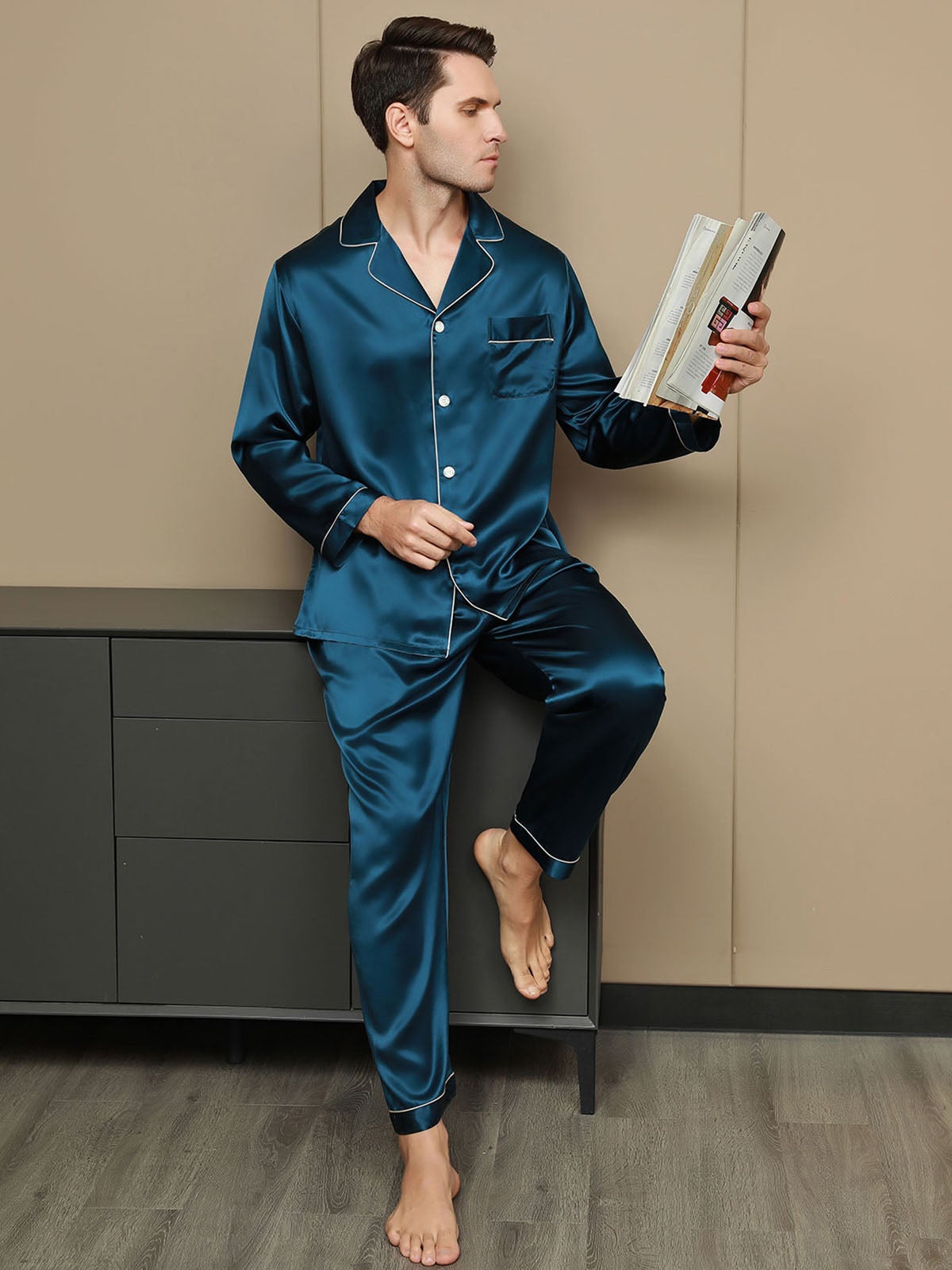 SilkSilky CA 19Momme Pure Silk Long Sleeve Lapel Men's Pajamas Teal 003