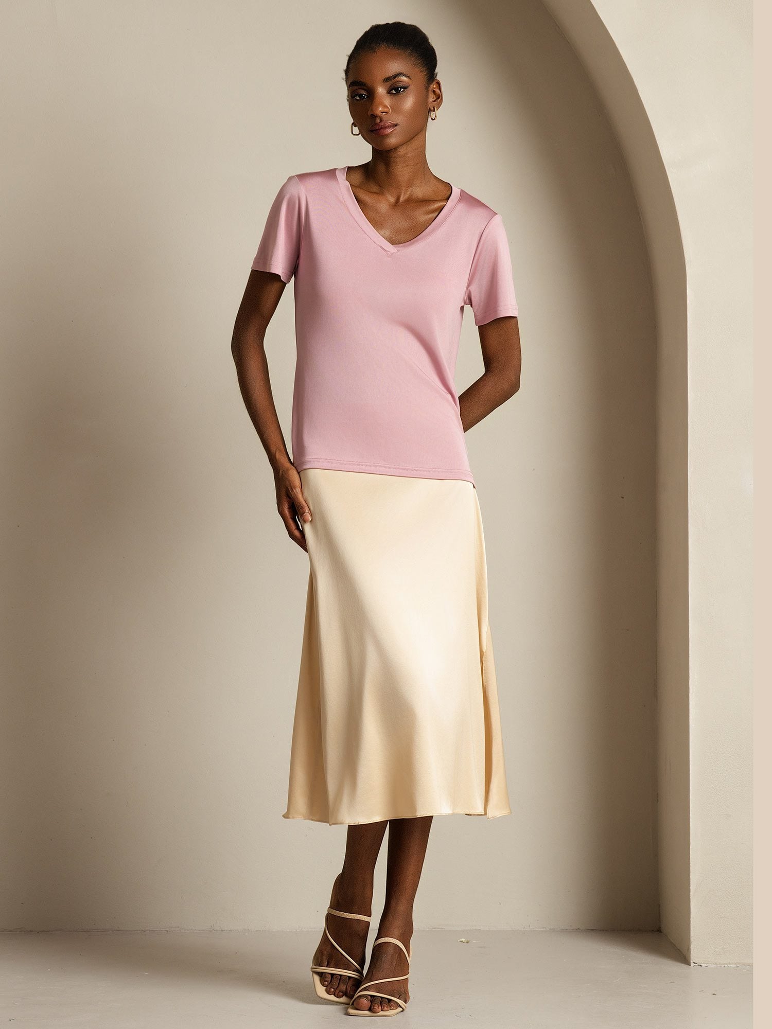 [PaleMauve] SilkSilky-CA Pure Silk V Neck Women's T-Shirt 009