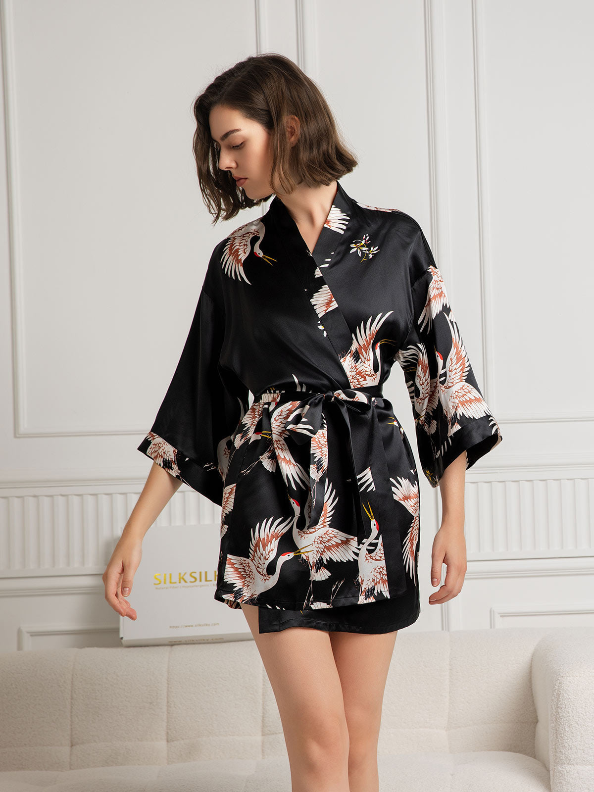 SilkSilky-CA 19Momme Pure Silk 3/4 Sleeve Deep V Neck Women's Robe Black 001