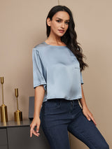 [Grayish Blue] SilkSilky-CA Half Sleeve Scoop Neck Women's T-Shirt 003