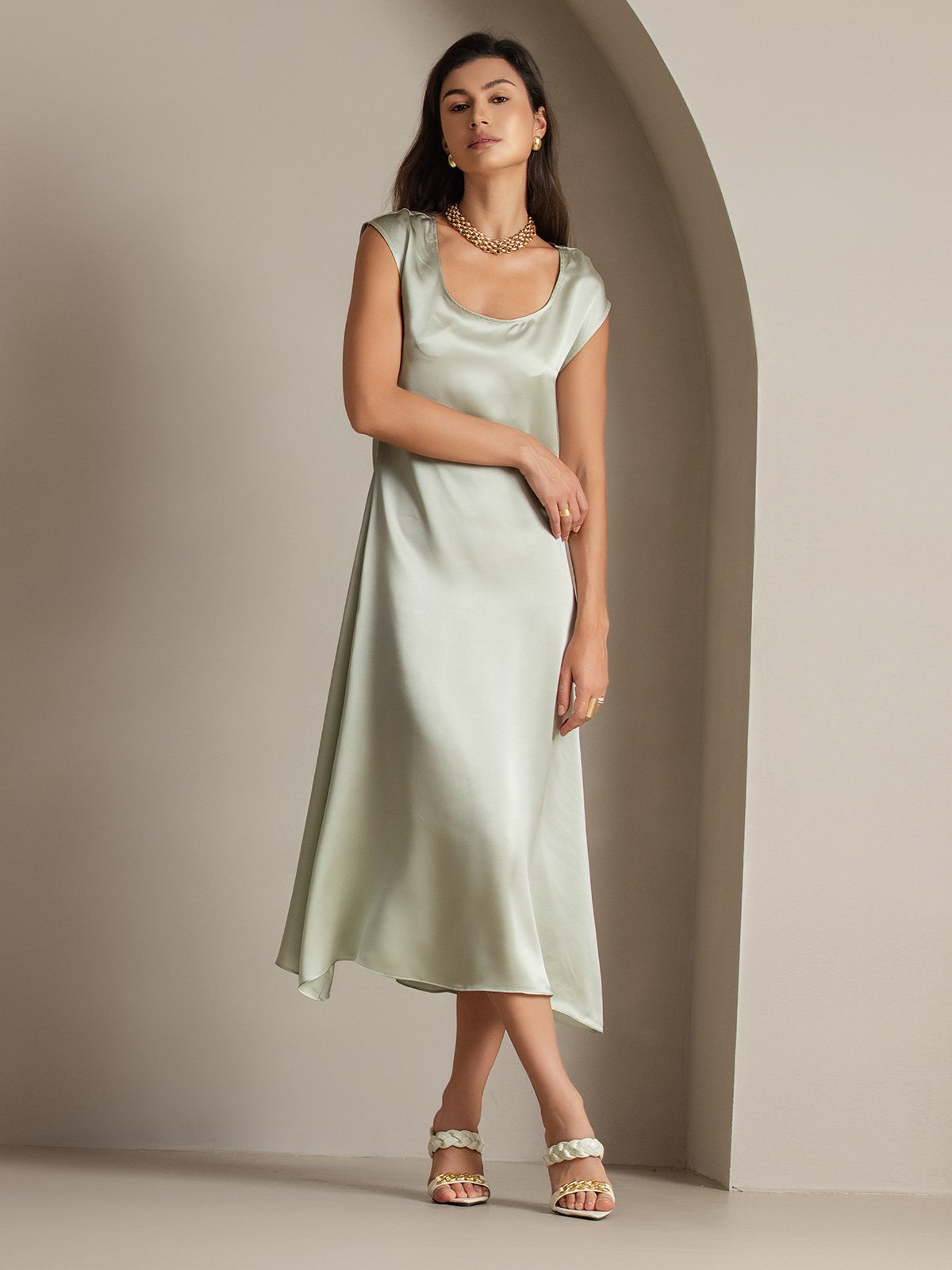 [Light Green] SilkSilky-CA 19Momme Silk Cap Sleeve Round Neck Dress 004