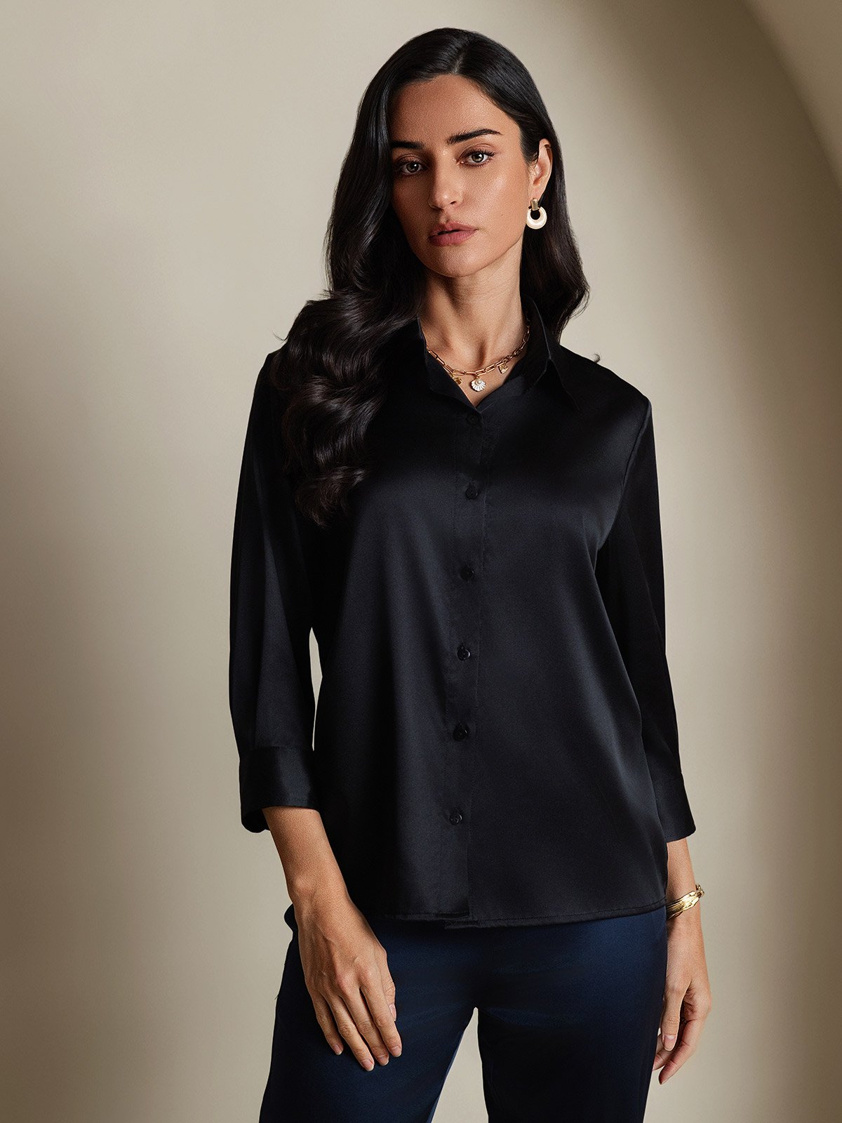SilkSilky-CA 19Momme Silk Long Sleeve Lapel Women's Shirt Black 001