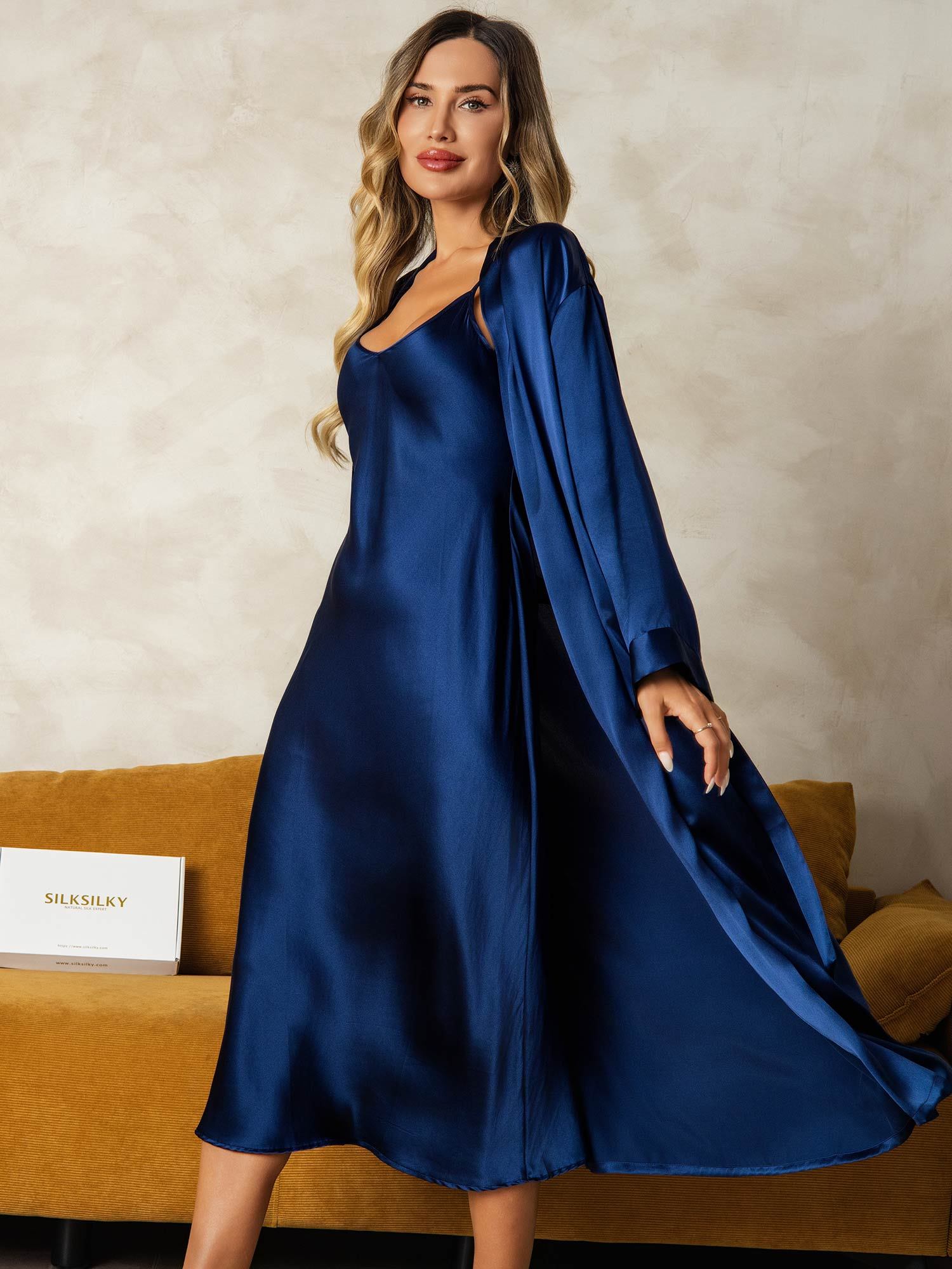 [DarkBlue] SilkSilky-CA Pure Silk V Neck Nightgown&Robe Set 004