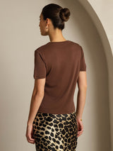 [Coffee] SilkSilky-CA 100% High-Twist Silk Jersey Short Sleeve V Neck Women's T-Shirt 002