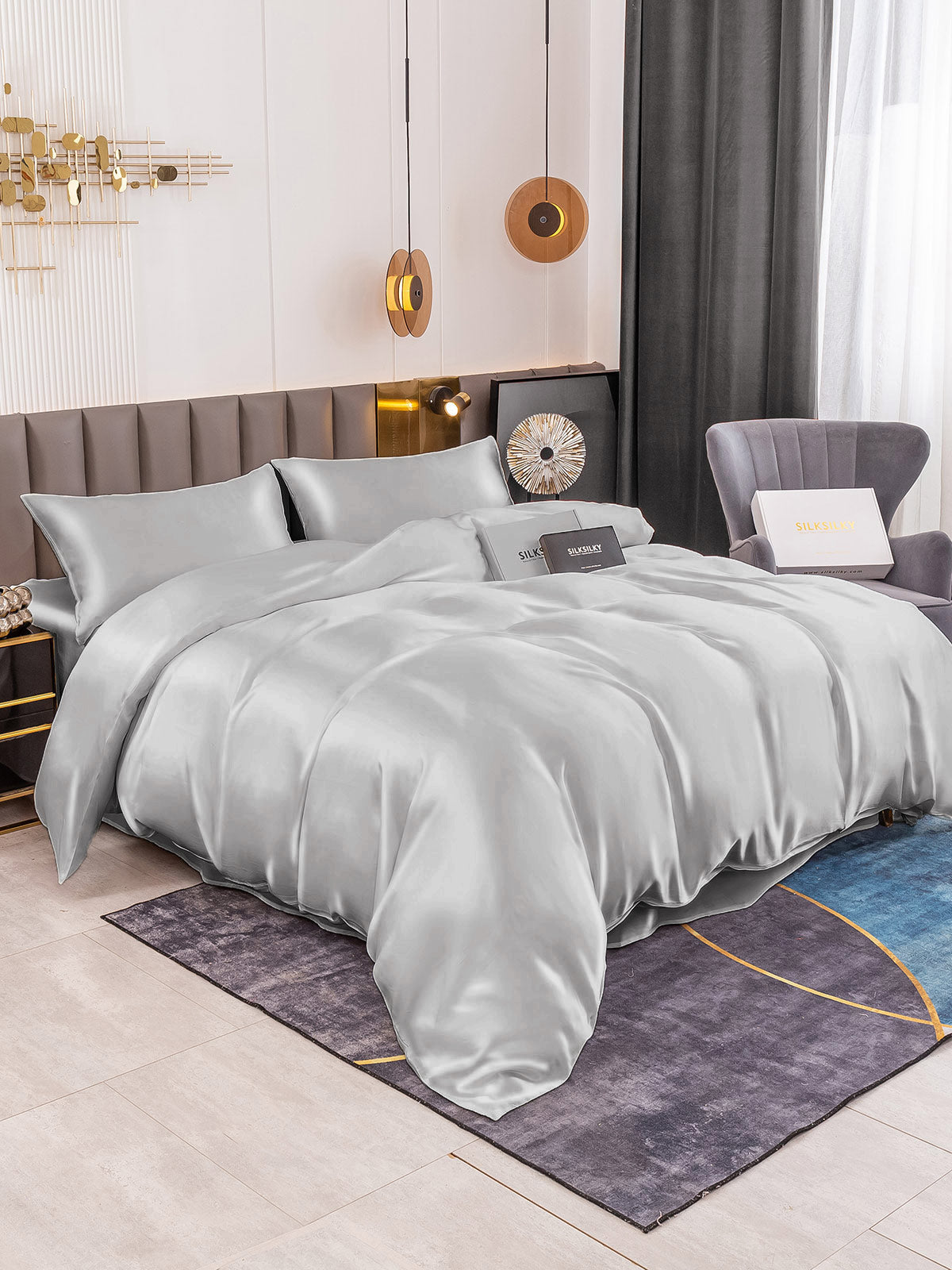 SilkSilky CA 19Momme Pure Silk Bedding Set Silver 001