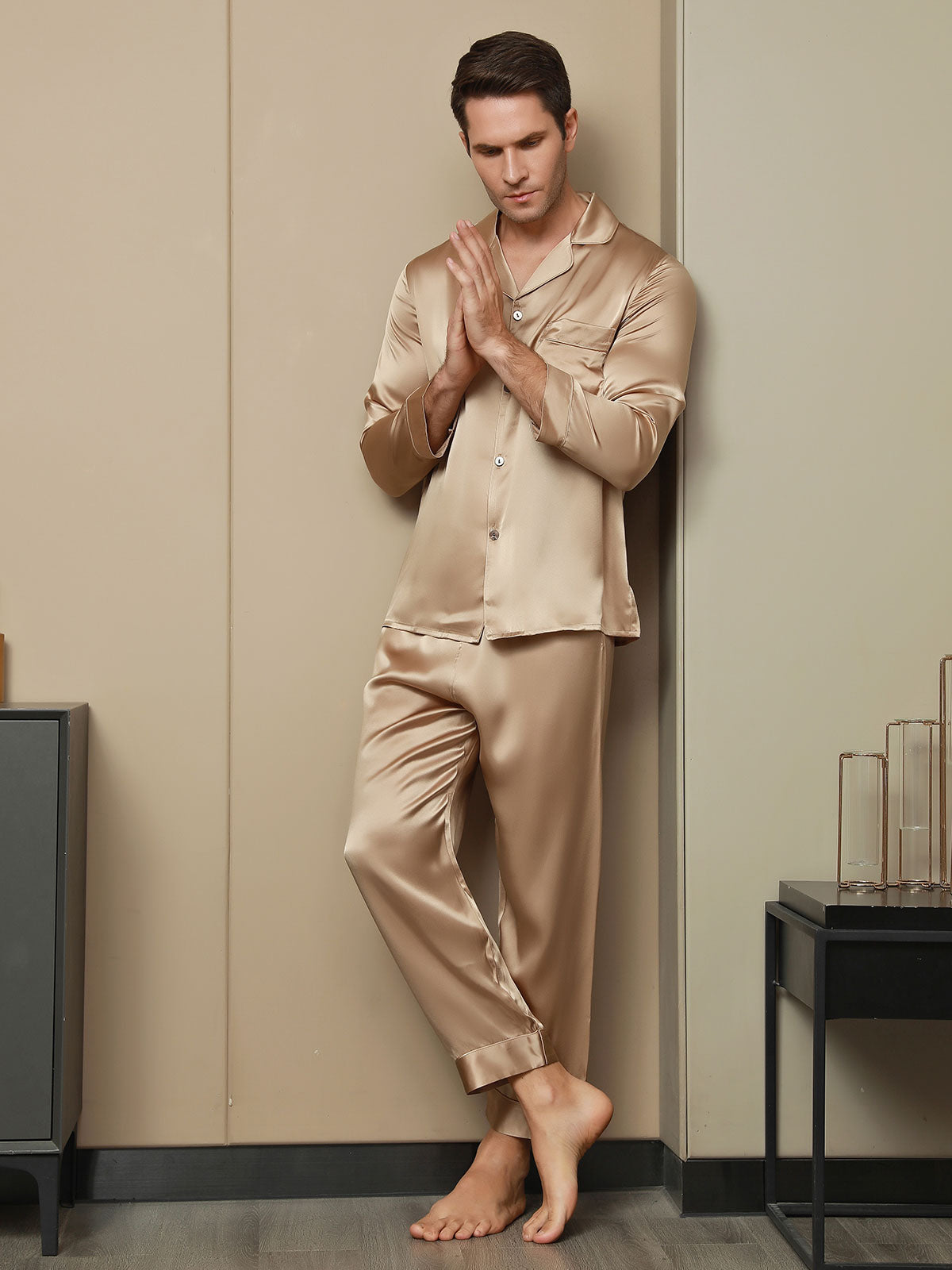 SilkSilky CA Pure Silk Long Sleeve Lapel Men's Pajamas Champagne 003