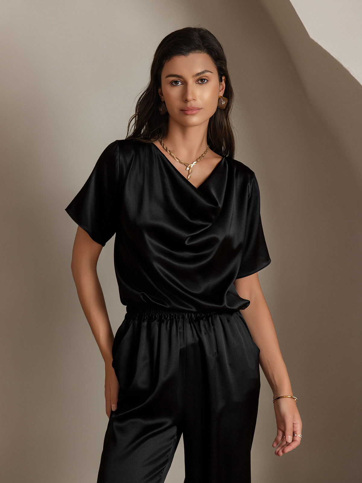 [Black] SilkSilky-CA 19Momme Silk Short Sleeve Cowl Neck Blouse 001