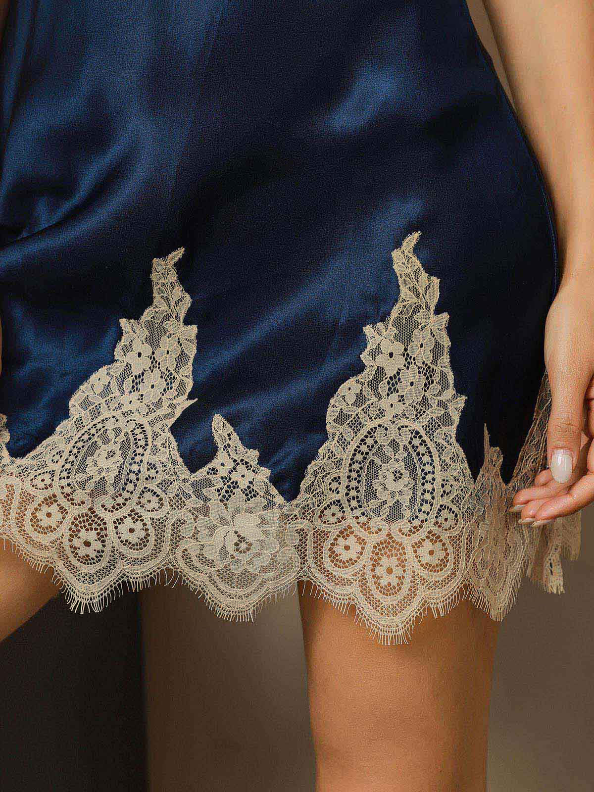 [Dark Blue] SilkSilky-CA Spaghetti Strap V Neck Nightgown 005