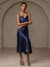 [Dark Blue] SilkSilky-CA Spaghetti Strap Cowl Neck Dress 005