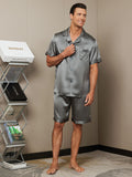 SilkSilky CA Pure Silk Short Sleeve Lapel Men's Pajamas Gray 003