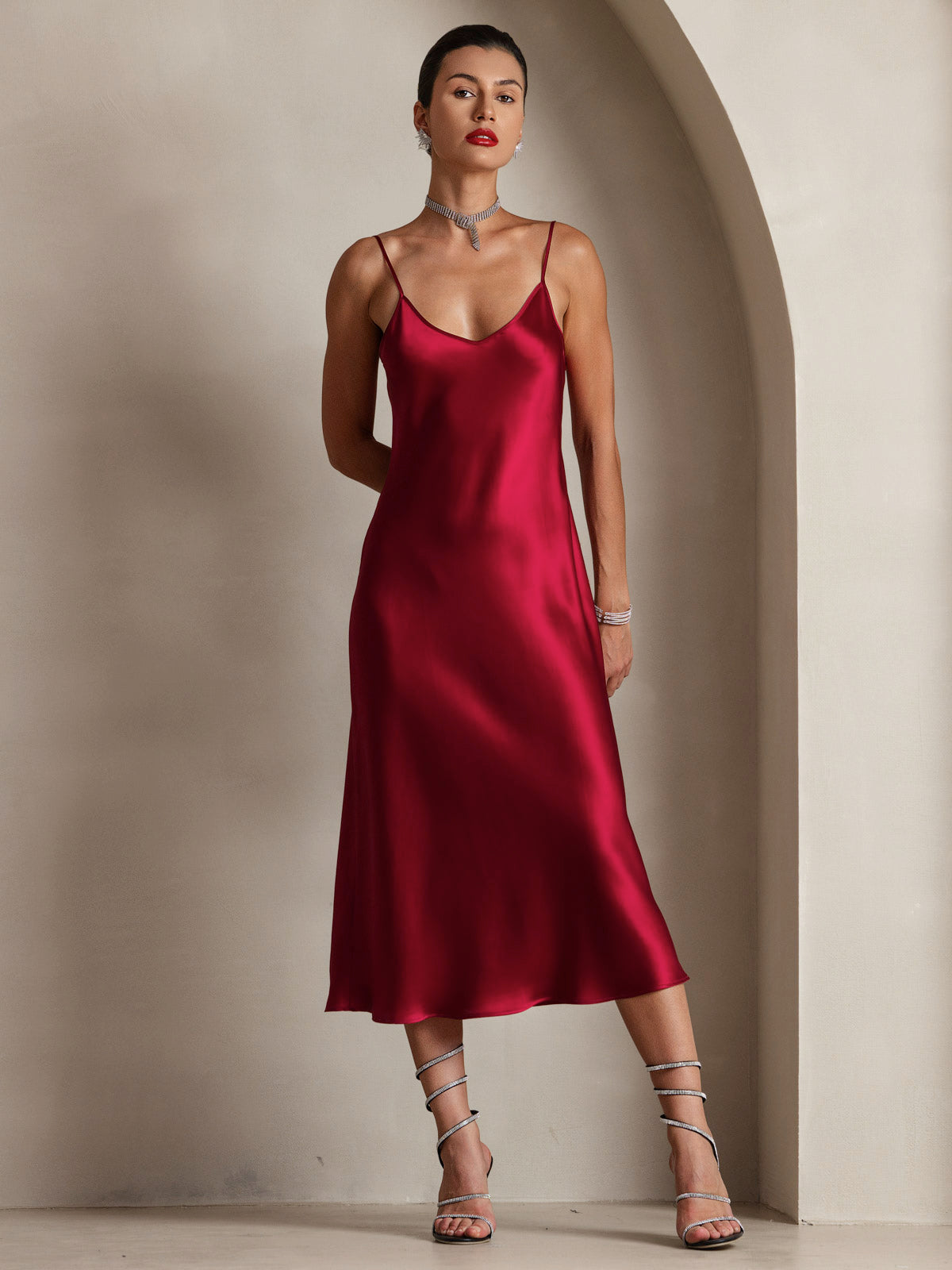 SilkSilky-CA Pure Silk Sleeveless Round Neck Dress Wine 001