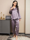 SilkSilky CA Pure Silk Long Sleeve Lapel Women's Pajamas PurpleGray 003