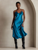 [Teal] SilkSilky-CA Spaghetti Strap V Neck Dress 006